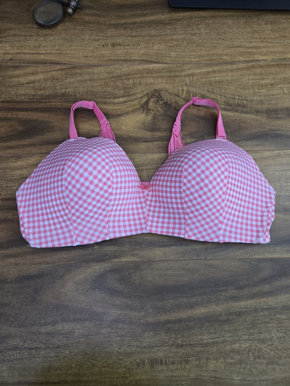 Cacique Women Bra 42C Wire Free Lightly Lined TShirt Pink White Plaid
